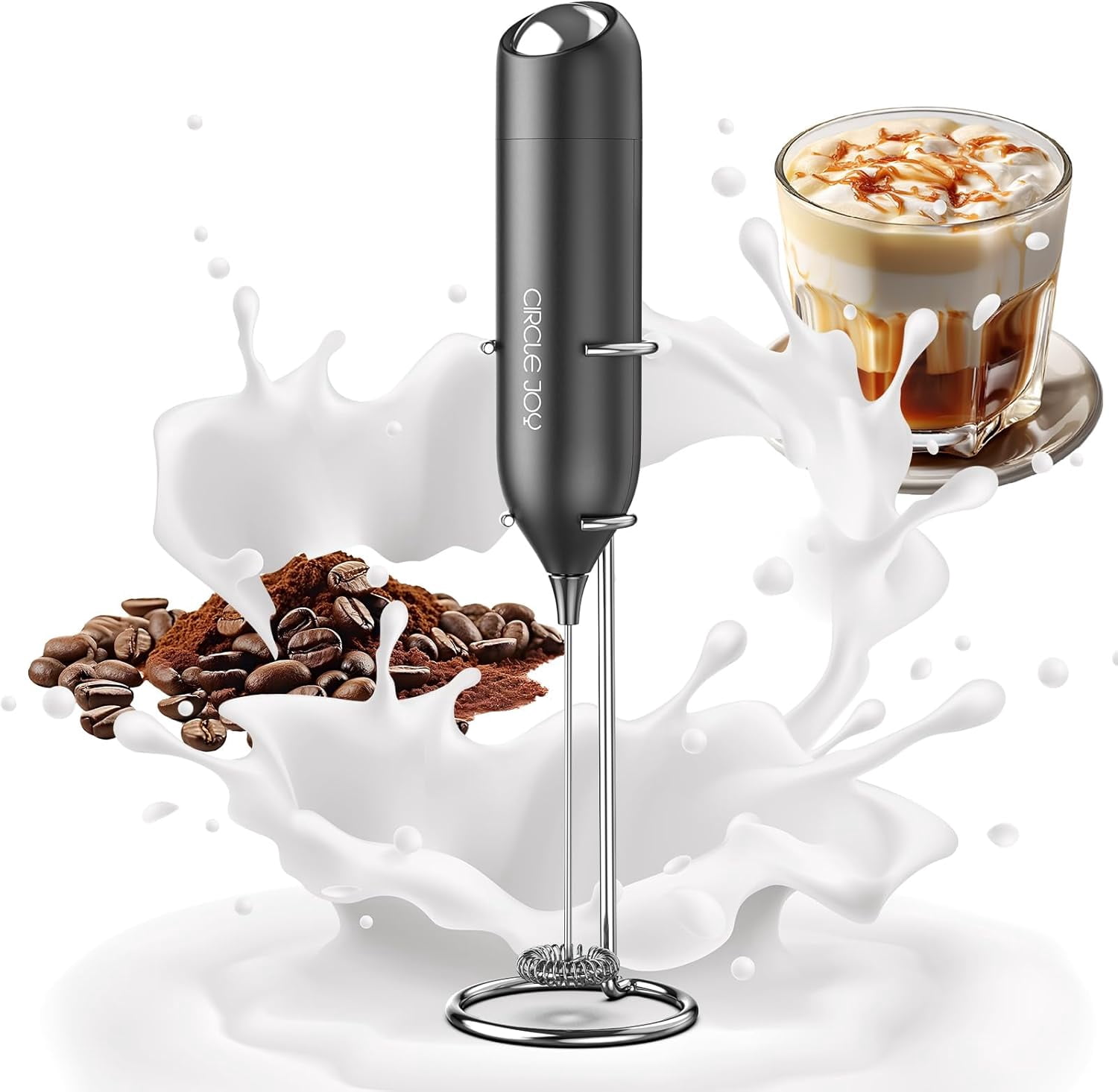 FRKSMD-Milk Frother Hanheld with Stand, Electric Coffee Frother, Battery Operated Hand Frother Wand Drink Mixer Mini Foamer for Matcha Lattes Cappuccino, Kitchen Gifts, Black