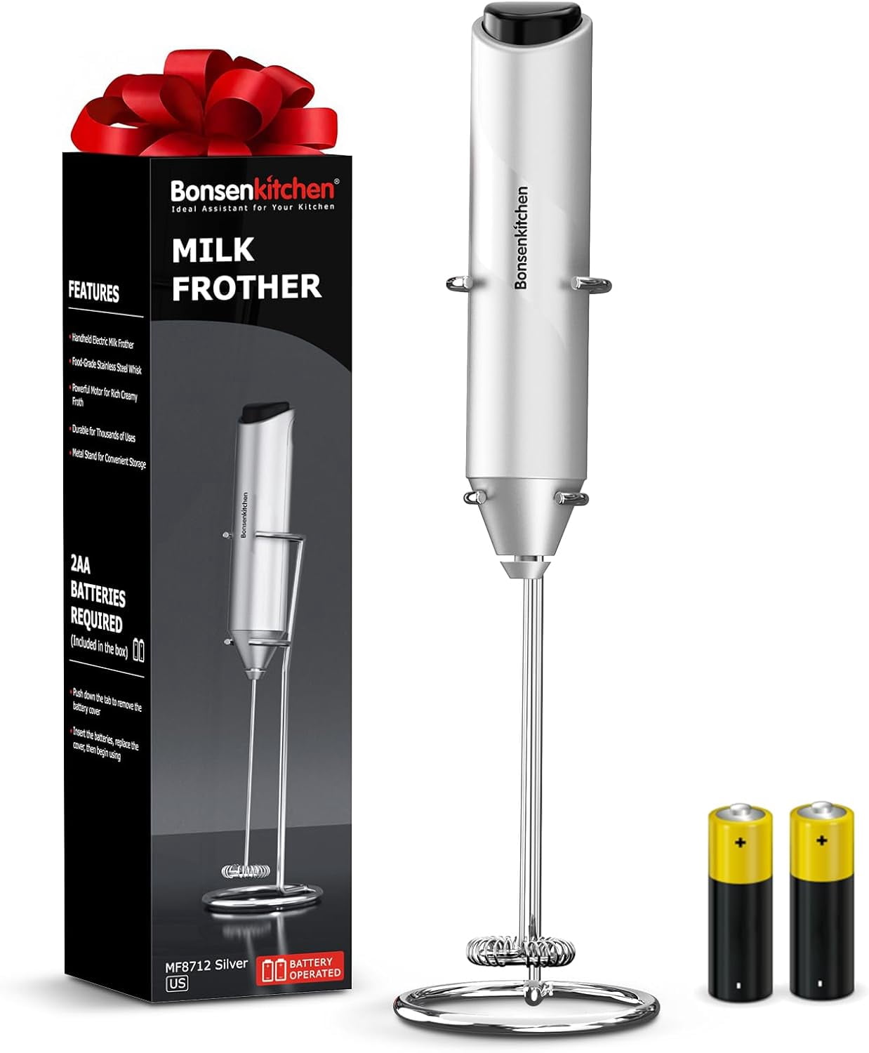 FRKSMD-Milk Frother Hanheld with Stand, Electric Coffee Frother, Portable Hand Frother Wand Drink Mixer for Matcha Lattes Cappuccino, Kitchen Gifts (Battery Included)