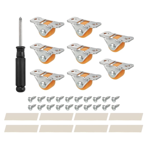 FRKSMD-Mini Fixed Caster Wheel 0.5", 8 Pack Hard Plastic Rigid Roller with Metal Top Plate Screws for Furniture Small Cart, Orange