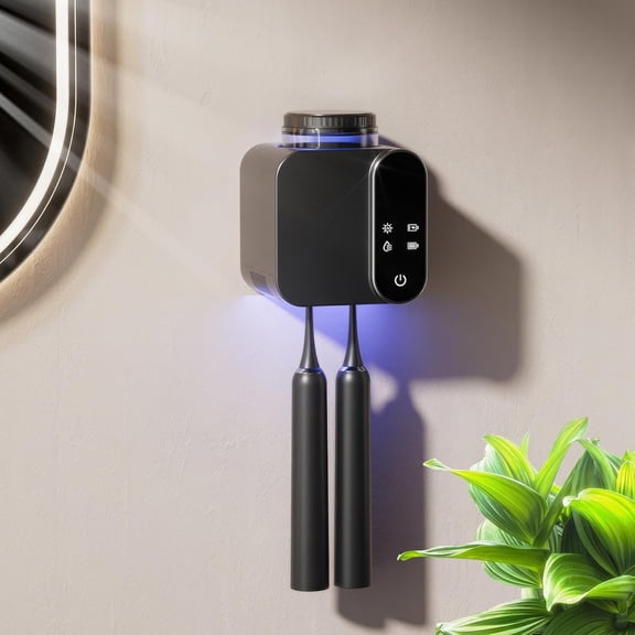 FRKSMD-Multi-Function Toothbrush Holder, Electric Toothbrush Holders with 1 Cup 2 Brush Slots, Wall-Mounted Toothbrush Holders with Solar Charging, Smart Toothbrush Dryer for Home Bathroom (Black)