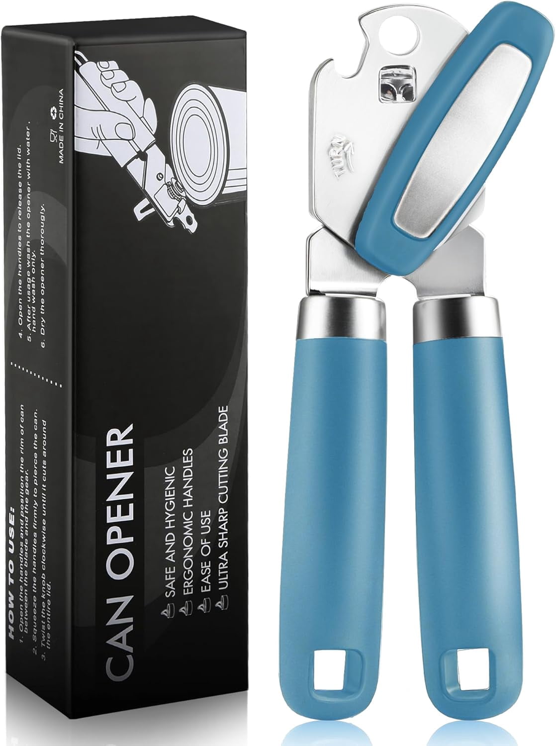 FRKSMD-Multifunctional Can Opener Manual, Durable Heavy Duty Handheld Strong Can Opener with Smooth Cutting Edge, Friendly Kitchen Essentials Tool for Seniors, Camping and Bottle Opening-Blue