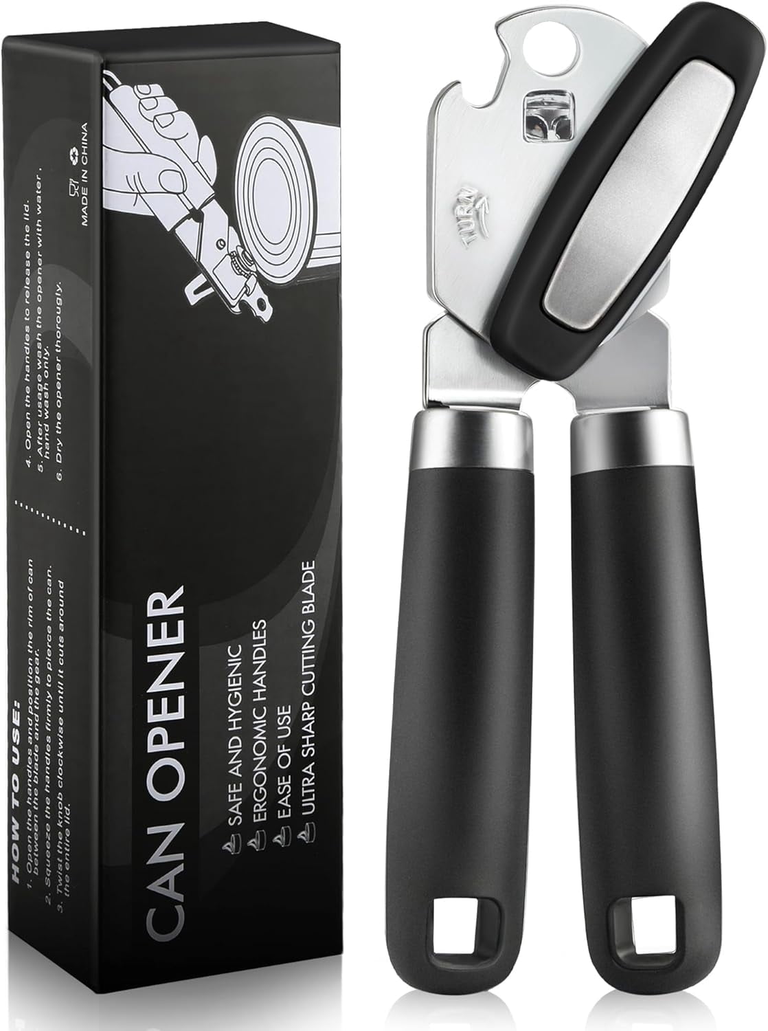 FRKSMD-Multifunctional Can Opener Manual, Durable Heavy Duty Handheld Strong Can Opener with Smooth Cutting Edge, Friendly Kitchen Essentials Tool for Seniors, Camping and Bottle Opening-Black