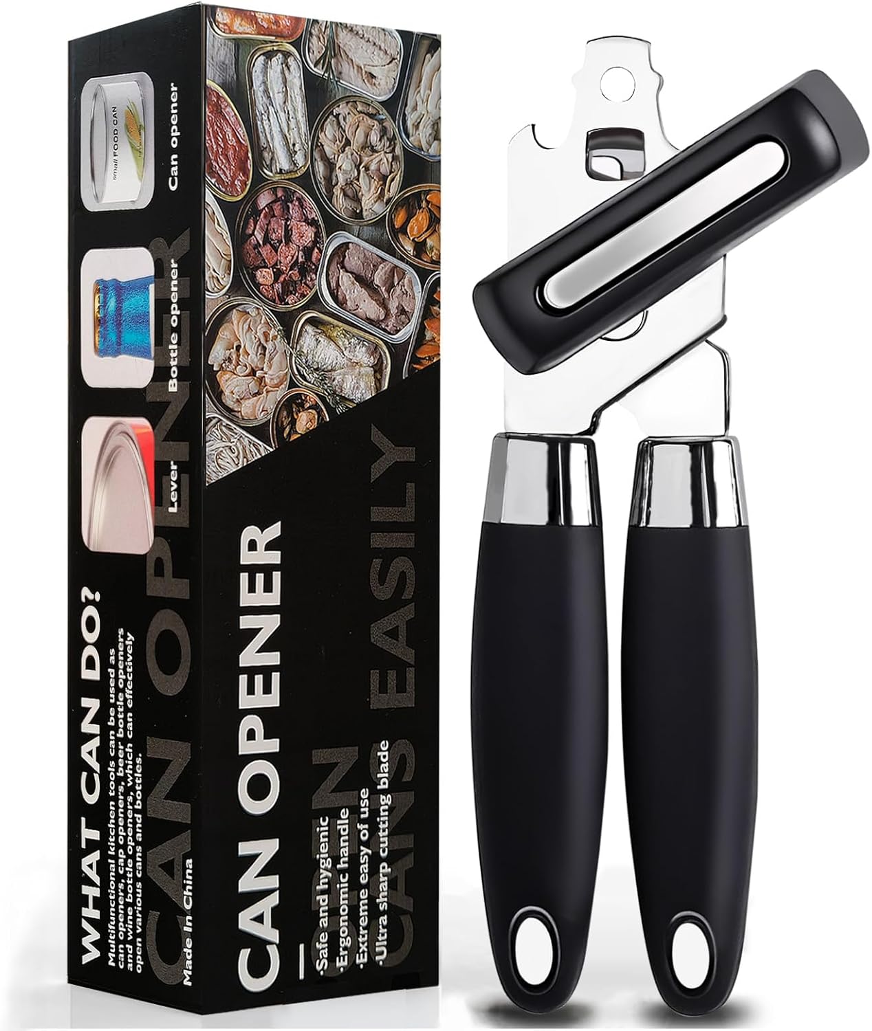 FRKSMD-Multifunctional Stainless Steel Manual Can Opener and Bottle Opener, Heavy Duty Hand Held Can Opener with Easy Turn Knob, Sharp Blade Smooth Edge, Good Grips Kitchen Tool for Seniors, Black