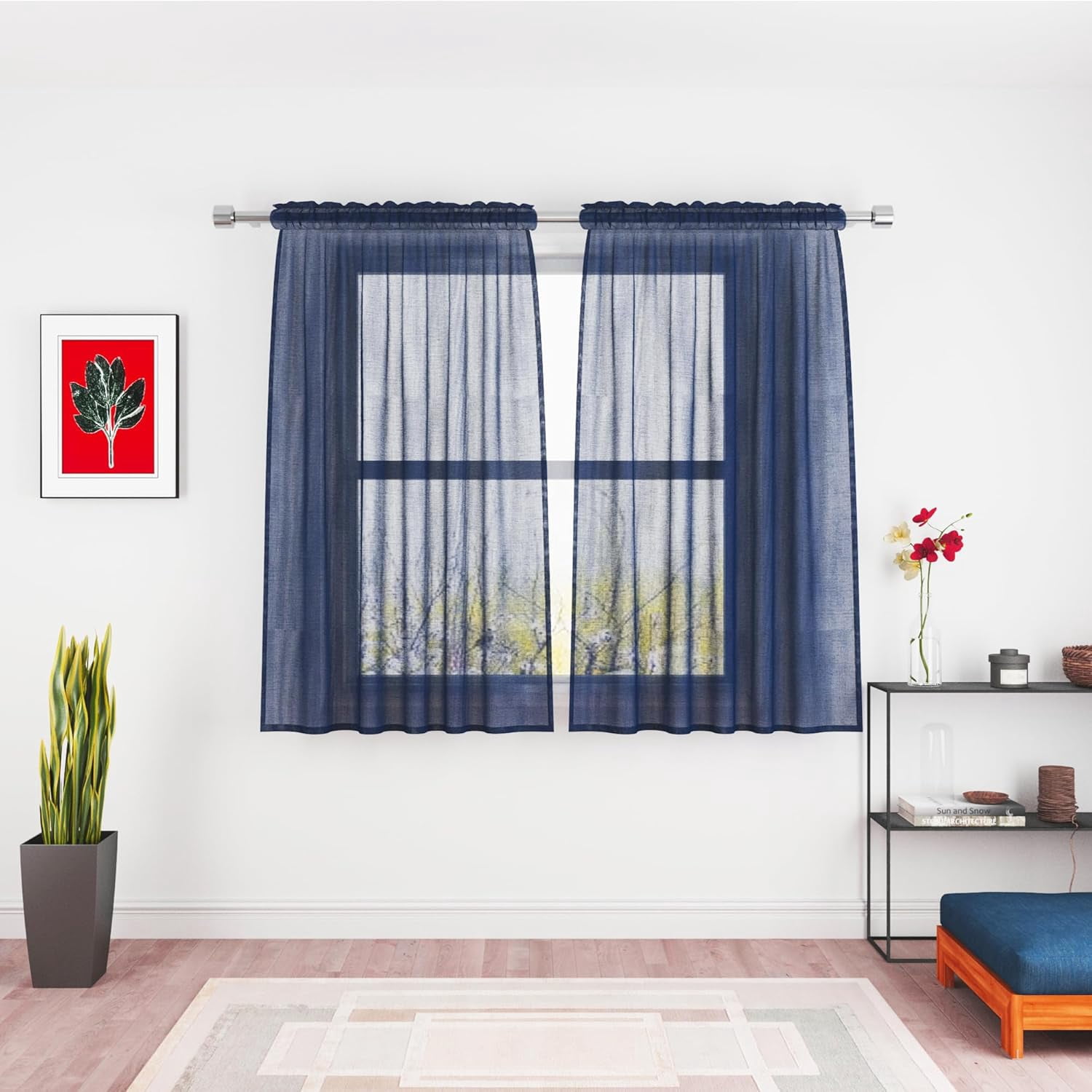 FRKSMD-Navy Blue Sheer Curtains 45 inches Long Living Room Curtain Sheers Basement 2 Panels Voile Transparent Bedroom Drapes Linen Textured Rod Pocket Kitchen Dining Window Treatment Set