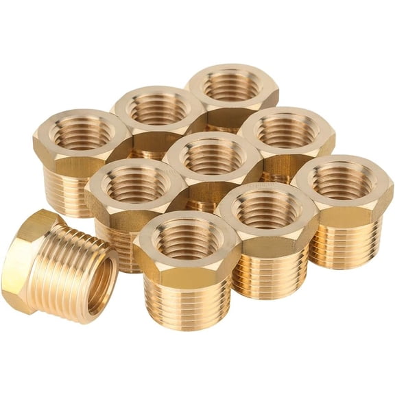 FRKSMD-(Pack of 10) Brass Reducer Hex Bushing 1/4" Male NPT X 1/8" Female NPT Threaded Pipe Adapter Fittings,(NPT021)