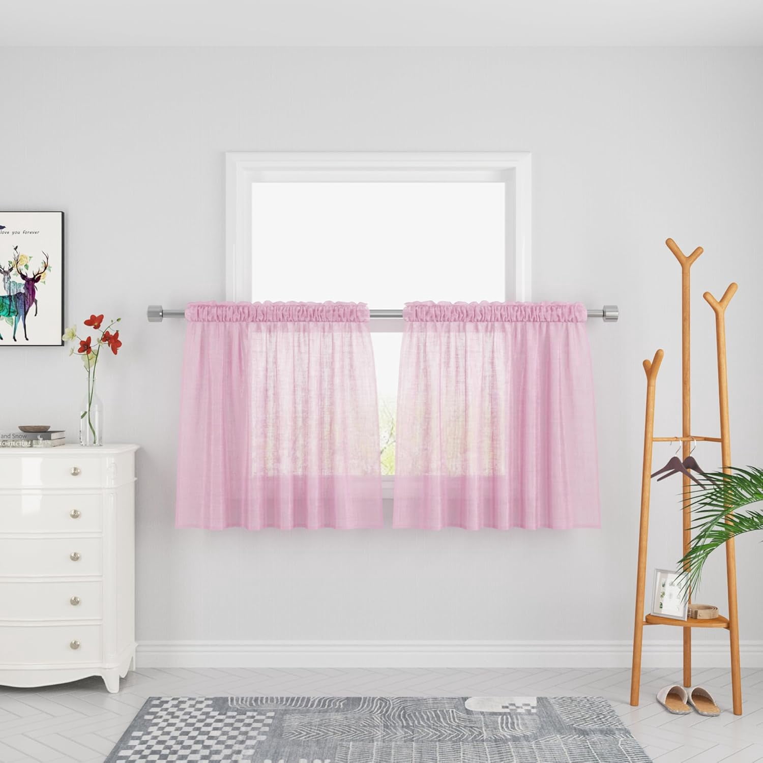 FRKSMD-Pink Sheer Tier Curtains 36 inches Long Voile Kitchen Tiers Linen Textured Girls Nursery Room Cafe Curtains Bathroom Basement Short Small Curtain Panels Door Window Curtains 2 Panels Rod Pocke