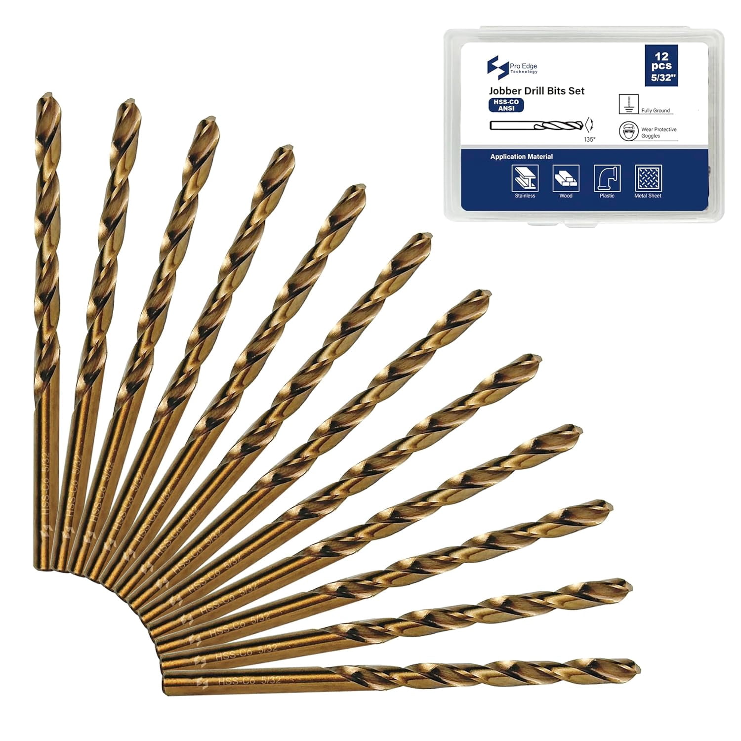 FRKSMD-Pro Edge 12pcs 5/32" Cobalt Drill Bits, M35 High Speed Steel 135 Degree Tip Heavy Duty Jobber Metal Drill Bits Set for Hardened Metal Stainless Steel Cast Iron Wood Plastic