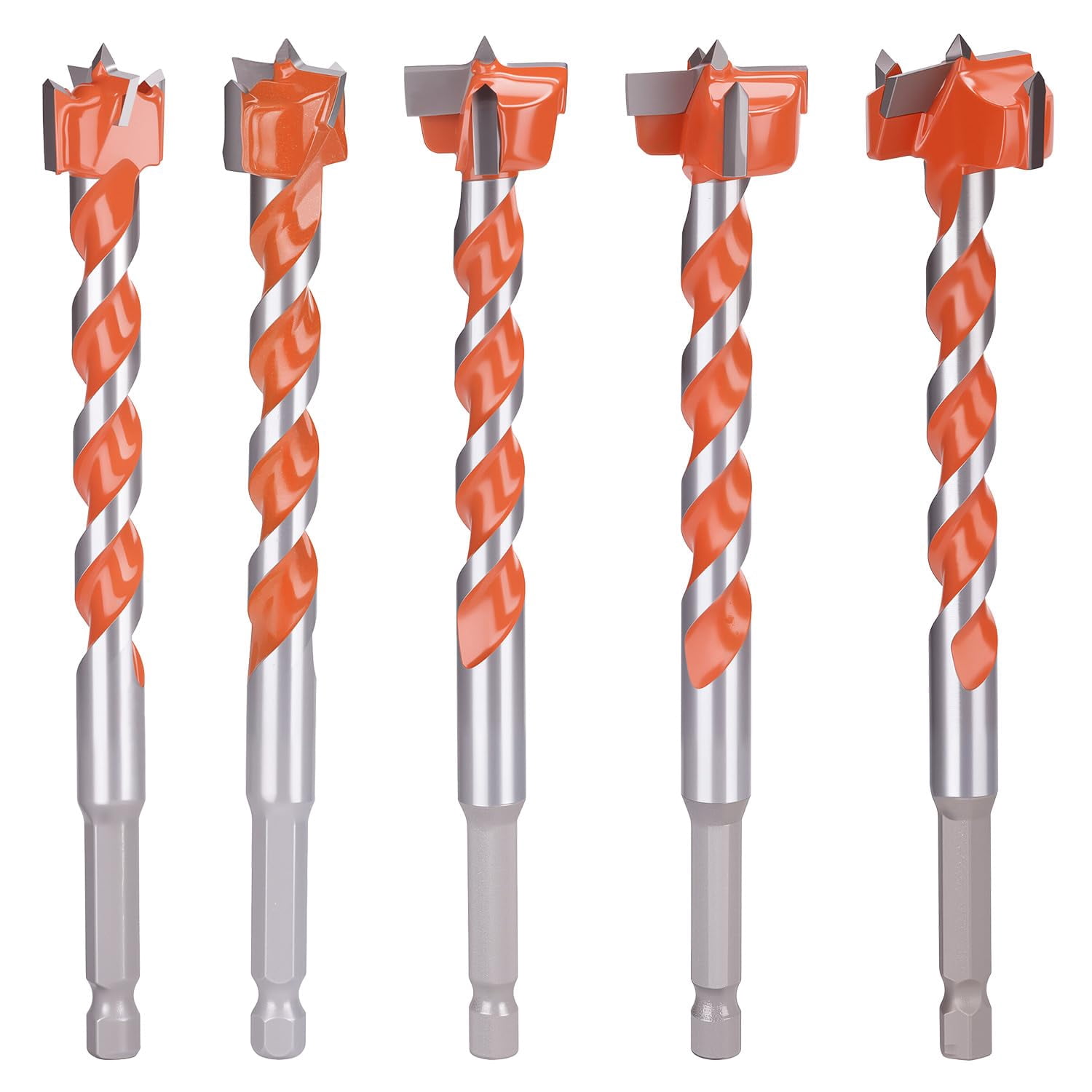FRKSMD-Professional 5 Piece Wood Drill Bit Set Forstner Bit Set High Speed Steel Hole Drill Bits for Woodworking with Orange and Silver Spiral Design Ideal for Carpentry and Woodworking Projects