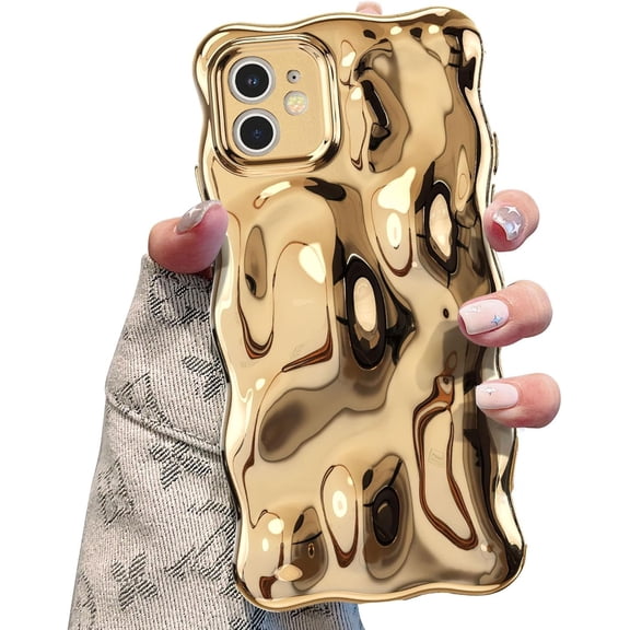 FRKSMD-Ripple Case for iPhone 11, Cute Silver Cover Wave Shape for iPhone Case Pretty Aesthetic 3D Phone Cover, Water Ripple Shell 3D Chrome Design for Women and Girl, Gold