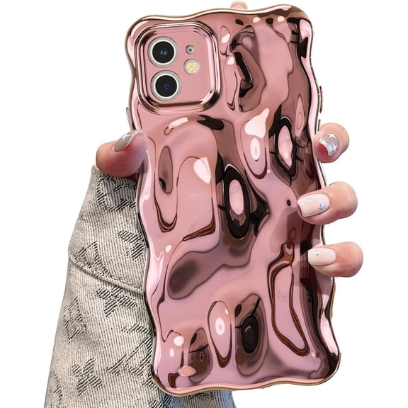 FRKSMD-Ripple Case for iPhone 11, Cute Silver Cover Wave Shape for iPhone Case Pretty Aesthetic 3D Phone Cover, Water Ripple Shell 3D Chrome Design for Women and Girl, Rose Gold