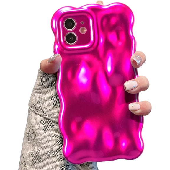 FRKSMD-Ripple Case for iPhone 11, Cute Silver Cover Wave Shape for iPhone Case Pretty Aesthetic 3D Phone Cover, Water Ripple Shell 3D Chrome Design for Women and Girl, Hot Pink