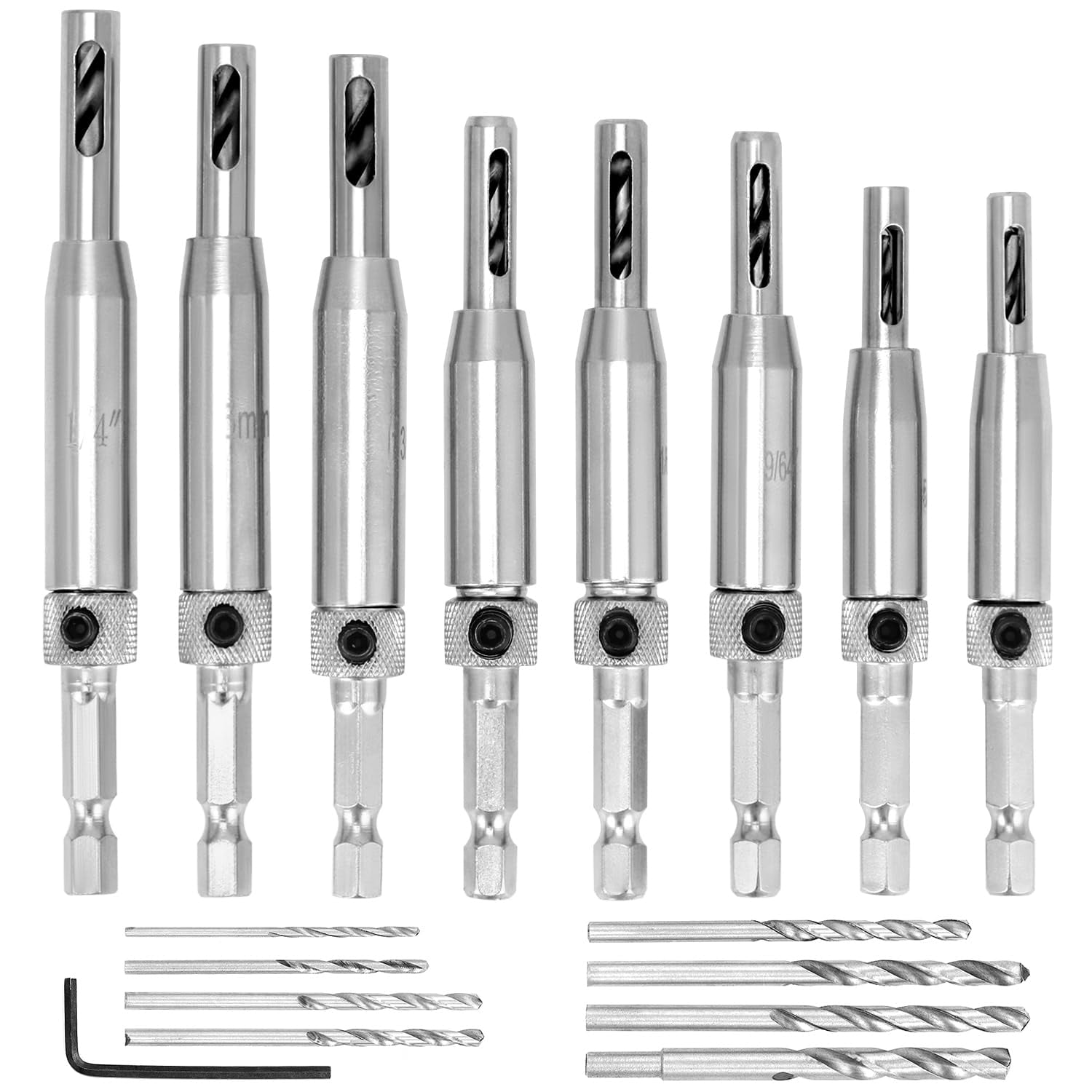 FRKSMD-Self Centering Drill Bit Set, 17 Pcs 1/4" Hex Shank Hinge Hole Drilling Tool for Woodworking Window Door Cabinet Hinge