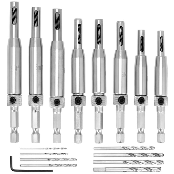 FRKSMD-Self Centering Drill Bit Set, 17 Pcs 1/4" Hex Shank Hinge Hole Drilling Tool for Woodworking Window Door Cabinet Hinge