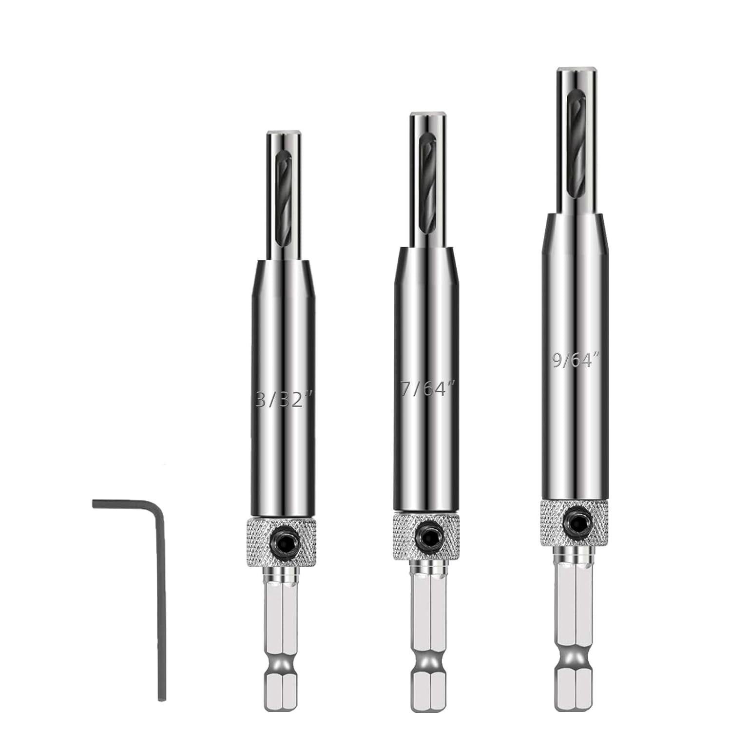 FRKSMD-Self Centering Drill Bit Set \u2013 3/32", 7/64", 9/64" Self Centering Drill Bit 1/4" Hex Shank VIX Bit with 1 Hex Key for #6 8 10 Screws \u2013 Perfect for Woodworking Door & Window Hinge Ins