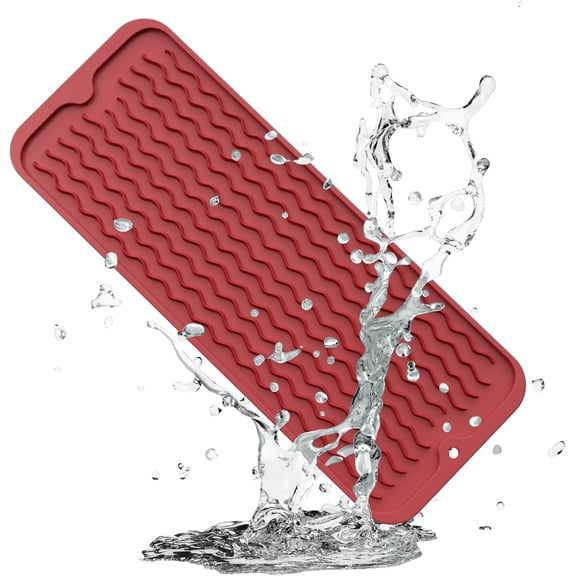 FRKSMD-Silicone Sponge Holder & Sink Caddy Tray (6" x 17") - Narrow Dish Drying Mat for Kitchen Counter - Waterproof Soap Dispenser Organizer, Non-Slip Bathroom Vanity Tray (Lava Red)