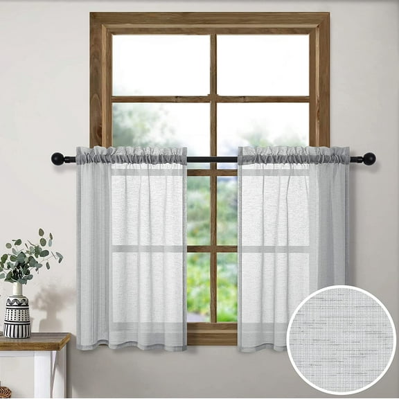 FRKSMD-Silver Grey Kitchen Curtains 36 Inch Length for Kitchen 2 Panels Rod Pocket Linen Woven Textured Semi Sheer Cafe Curtain Tiers for Party Living Room Small Window Bathroom 30x36 Inches Long Lig