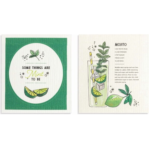FRKSMD-Some Things are Mint to Be - Mojito Recipe - 7 Inch Green 70% Cellulose 30% Cotton Kitchen Dish Cloth; Set of 2