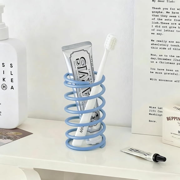FRKSMD-Spring Toothbrush Holder, Stainless Steel Spring Shaped Desktop Toothbrush Holder, Multifunctional Pen Holder Makeup Brush Toothbrush Storage for Bathroom Tabletop Dressing Table and Sink (Blu