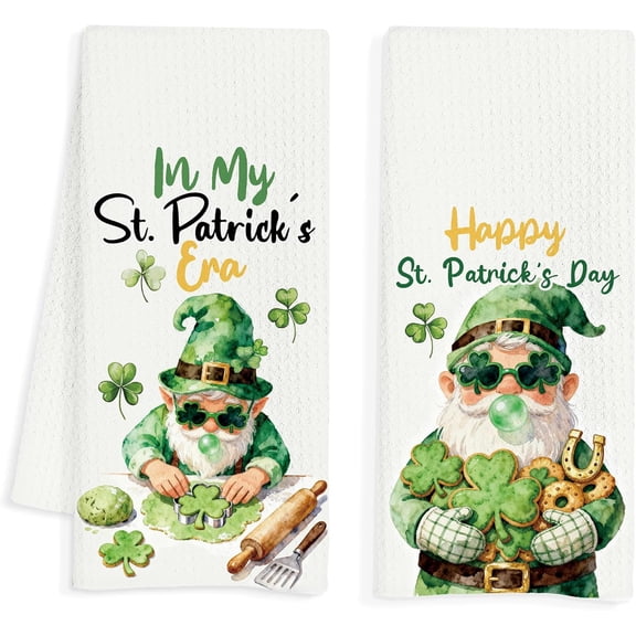 FRKSMD-St Patrick's Day Gnome Baking Kitchen Towels Set of 2, Gifts for Baking Lovers, in My St Patrick's Era Shamrock Gnome Dish Hand Tea Towels for Kitchen Bakery, 16x24 Inch