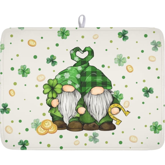 FRKSMD-St Patrick's Day Gnome Dish Drying Mat for Kitchen Counter,Inch Lucky Shamrock Gold Coin Drying Mat 18 x 24 Inch with Absorbent Reversible Microfiber Dish Drying Pad for Coffee Bar