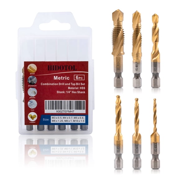FRKSMD-Titanium Combination Drill and Tap Bits Set, 6 PC Metric Screw Taps, 3-in-1 Bit Tool for Drilling, Tapping and Countersinking