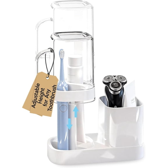 FRKSMD-Toothbrush Holder with Cup/Cover Contains 2 Slots, Bathroom Counter Organizer for Electric Toothbrush, Toothpaste, Razors & Small Comb, Tooth Paste Holder for Home Hotel Countertop, White