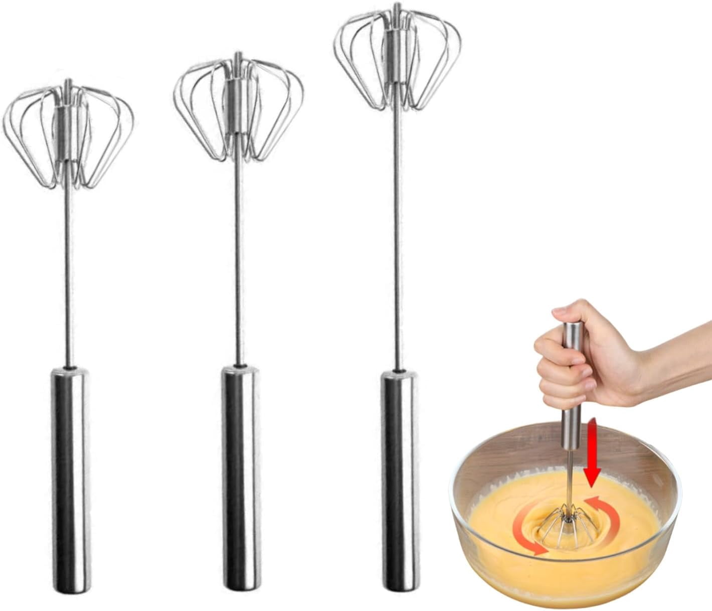 FRKSMD-Upgrade Thicker 3 pcs Stainless Steel Semi-Automatic Whisk Hand Push Whisk Blender Hand Push Mixer Stirrer for Making Cream, Whisking, Beating and Stirring-Silver