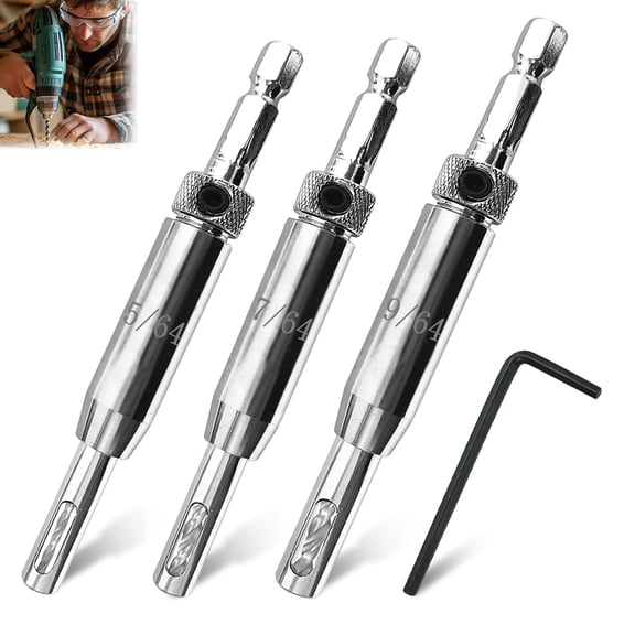 FRKSMD-Upgraded Self-Centering Hinge Drill Bit Set, CC2430 5/64", 7/64", 9/64" VIX Bit Self Centering Drill Bit, 1/4 Inch Hex Shank for Precise Cabinet & Door Installation, Drilling Pilot Holes
