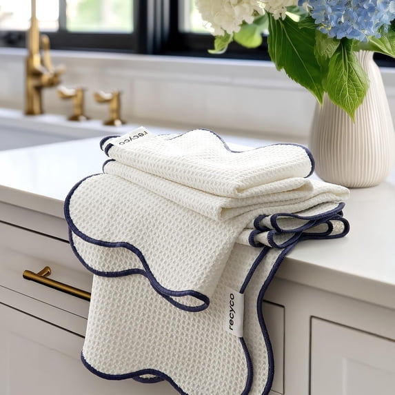 FRKSMD-Waffle Kitchen Towel Set of 2 - Quick Dry Microfiber Sustainable Dish Towels - Ultra Absorbent Reusable Cleaning Tea Towels - Lightweight Hand Towels,16”x 28”, Navy Blue