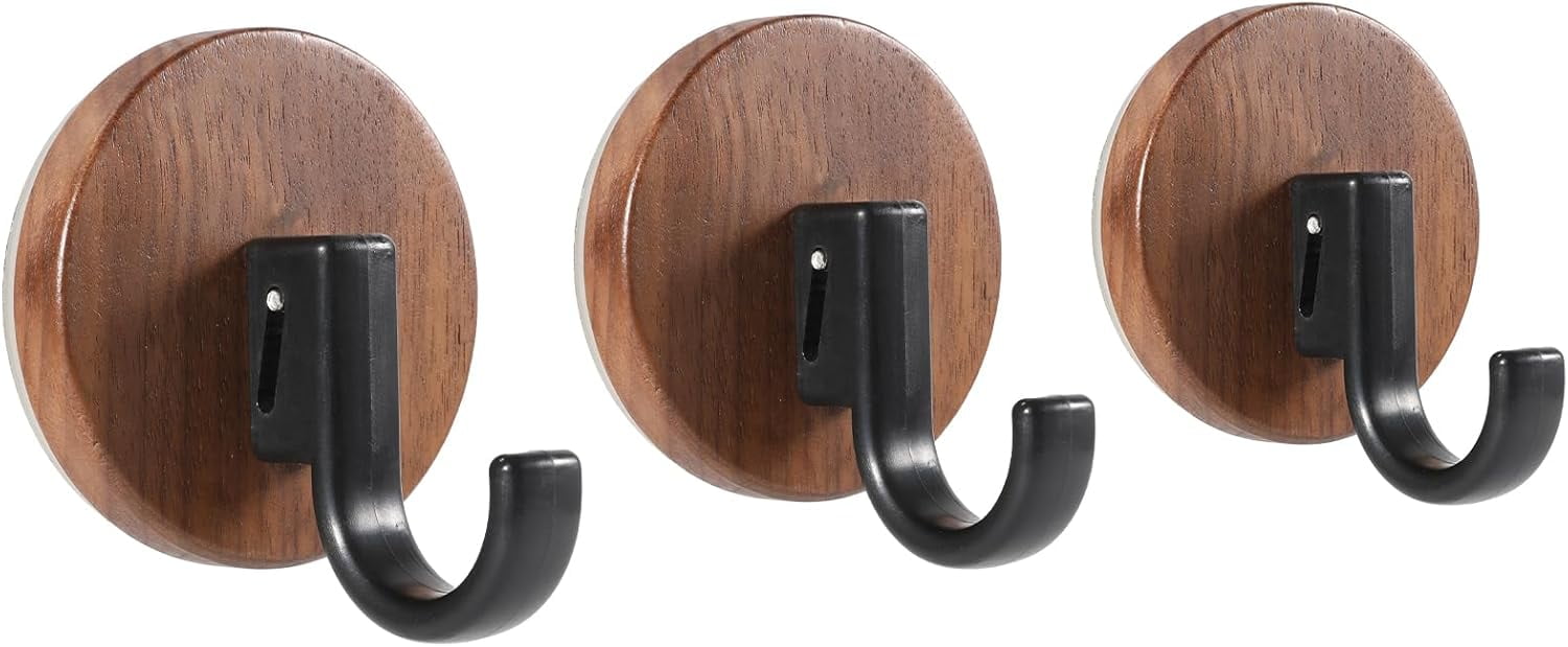 FRKSMD-Walnut Suction Cup Hooks - Waterproof No Drill Removable & Reusable Wreath Hanger Wood Wall Hooks for Bathroom Kitchen Tile Glass Mirror, Unique Grain Each - 3 Pack(J)