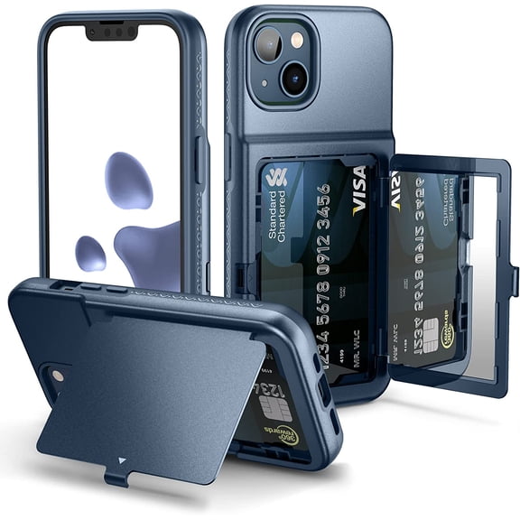 FRKSMD-for iPhone 13 Wallet Case with Credit Card Holder & Hidden Mirror, Three Layer Shockproof Heavy Duty Protection Cover Protective Case for iPhone 13-6.1 Inch Blue