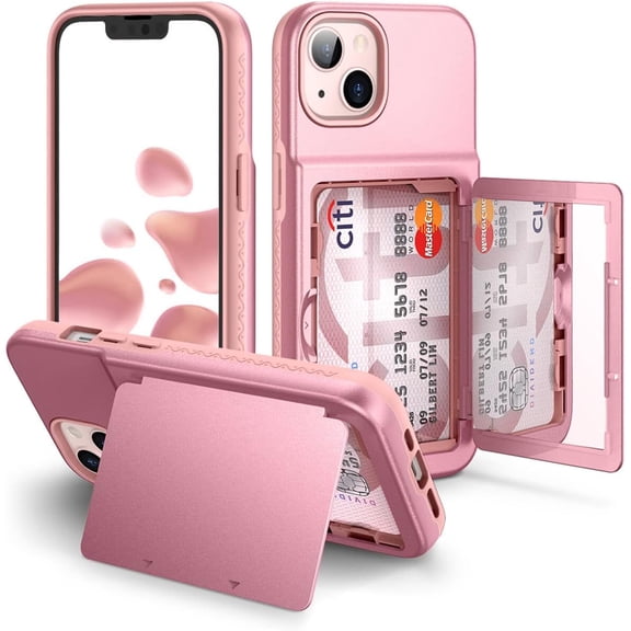 FRKSMD-for iPhone 13 / iPhone 14 Wallet Case with Credit Card Holder & Hidden Mirror, Two Layer Shockproof Heavy Duty Protection Cover Protective Case for iPhone 13/14 6.1 Inch-Rose Gold