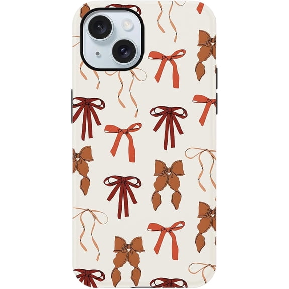 FRKSMD-for iPhone 15 Case, Cute Bow Ribbon Phone Case for Women Girl, Aesthetic Shockproof Hybrid 2-Layer Hard Shell Protective Cover, Brown