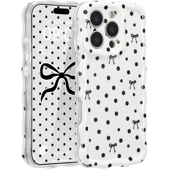 FRKSMD-for iPhone 15 Pro Max Case, Cute Wavy Aethetic Phone Cover for Women Girls, Soft TPU Shockproof Full Camera Protective Cases for iPhone 15 Pro Max (6.7 inches),Polka Dot Bow