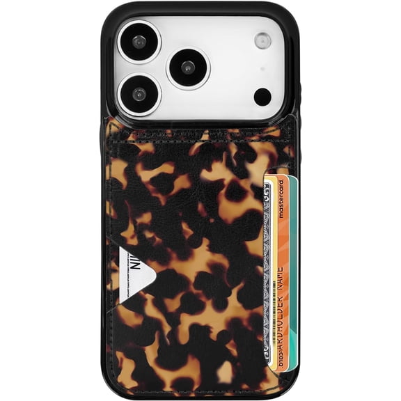FRKSMD-for iPhone 17 Pro Case with Card Holder- Slim Leather Wallet Case Credit Card Holder Moneymate 8-Foot Drop Protective Hidden Card Slot Cover for Women Man (Tortoise Shell, iPhone 17 Pro)