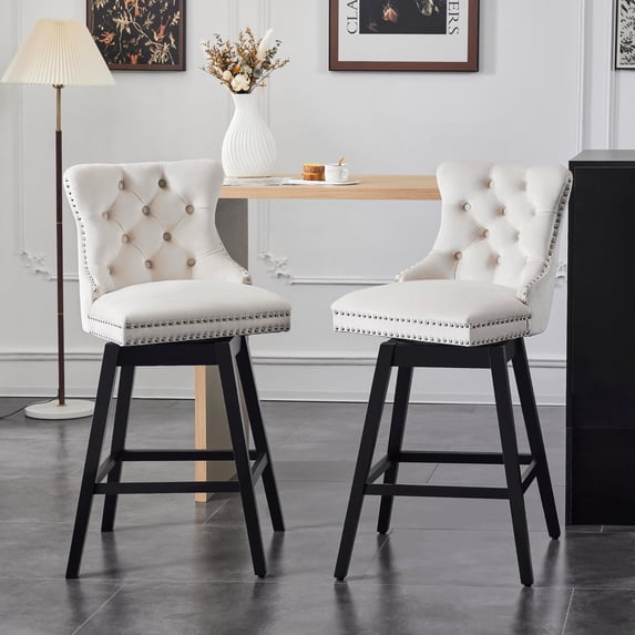 FRMALL 26" Swivel Bar Stools Counter Height Chairs Velvet Upholstered Set of 2, Beige