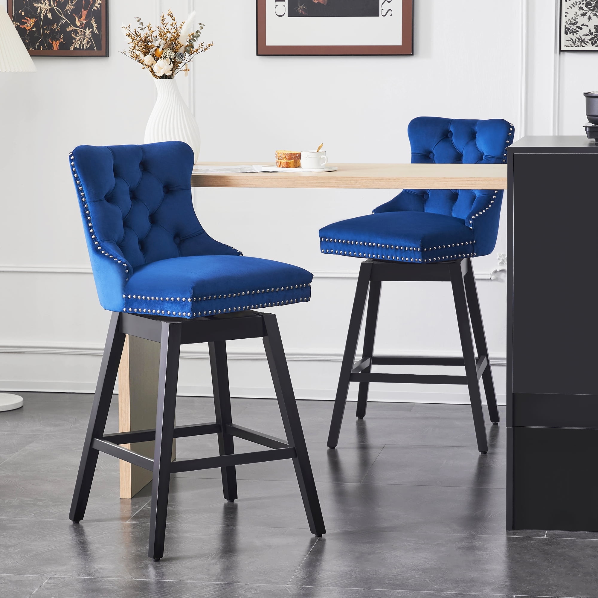 Blue Velvet Upholstered Swivel Counter Stools with Solid Wood Legs, Set of 2
