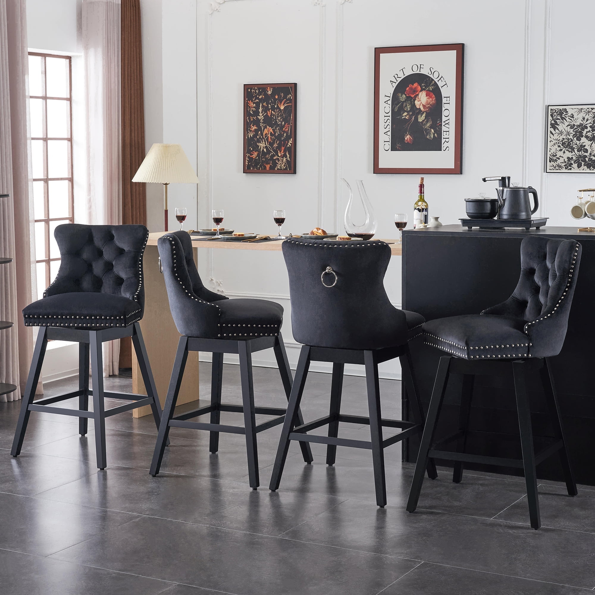 Black Velvet Upholstered Swivel Counter Height Stools with Wood Legs, Set of 4