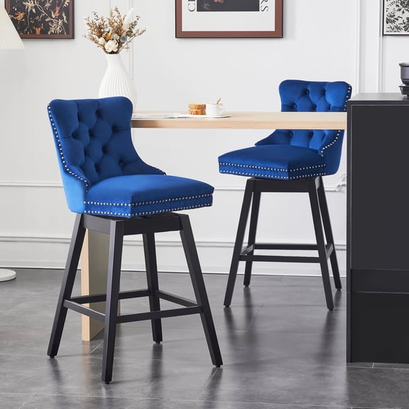 FRMALL 30" Swivel Bar Stools Set of 2 Velvet Bar Height Chairs Upholstered Wooden Legs, Blue
