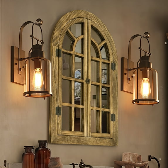 FRMALL Arched Mirror Window Mirrors for Wall Decor 20"x30" Wood Frame, Brown