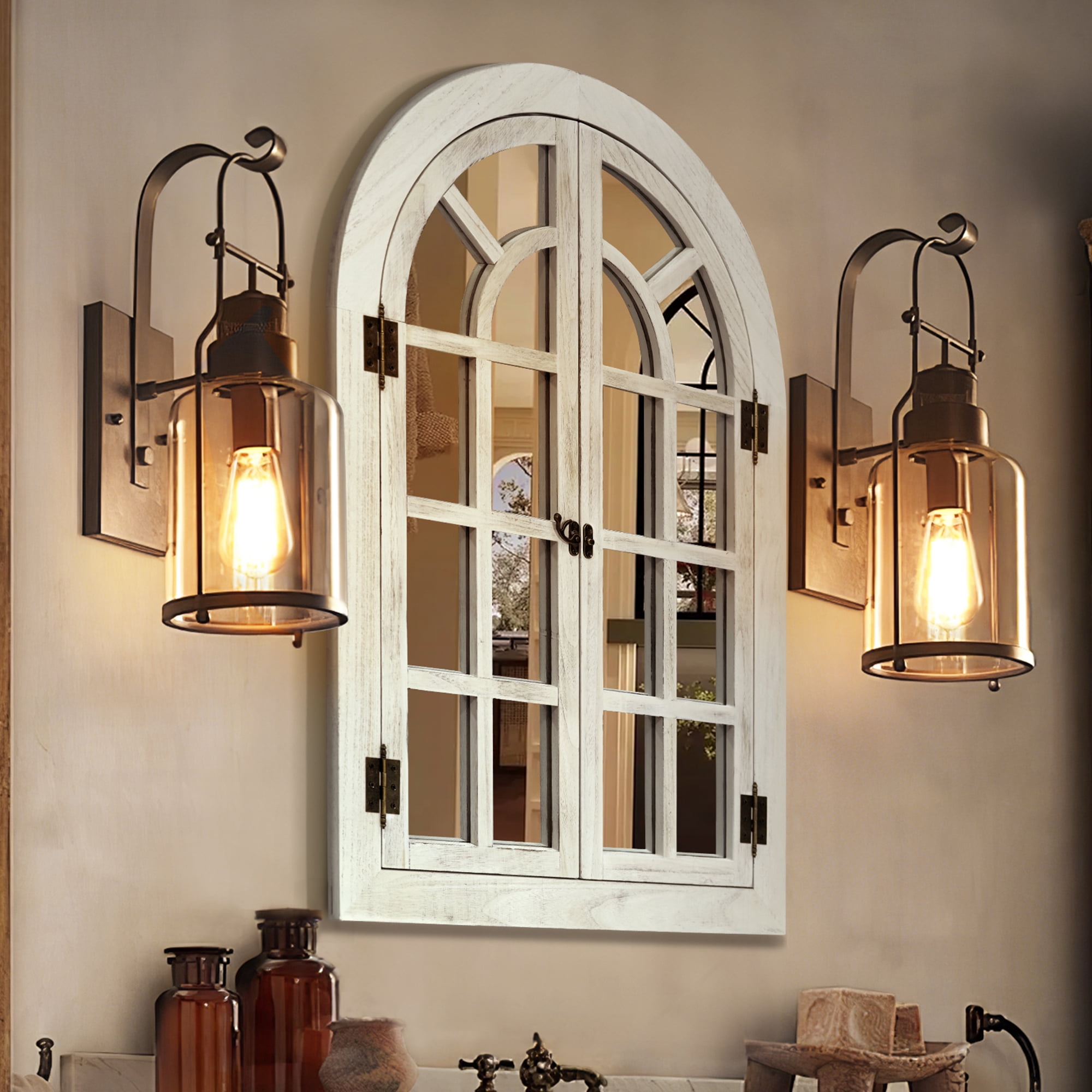 FRMALL Arched Mirror Window Mirrors for Wall Decor 20"x30" Wood Frame