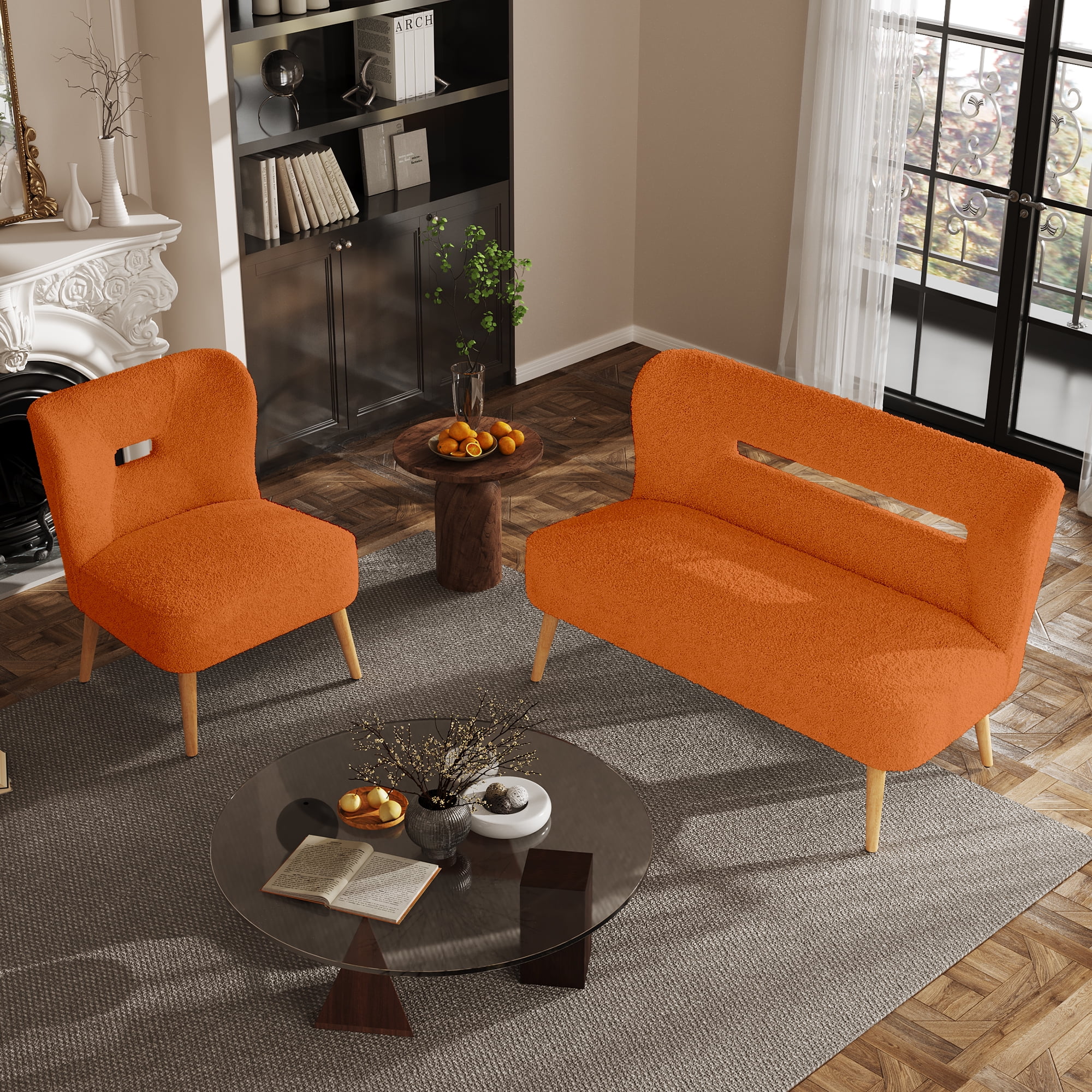 FRMALL Cream Couch Set Sherpa Chair and loveseat Set, Orange