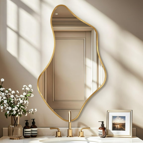 FRMALL Fluid Wall Mirror 24"x40", Modern Bathroom Mirrors Wall Mounted With Gold Metal Frame