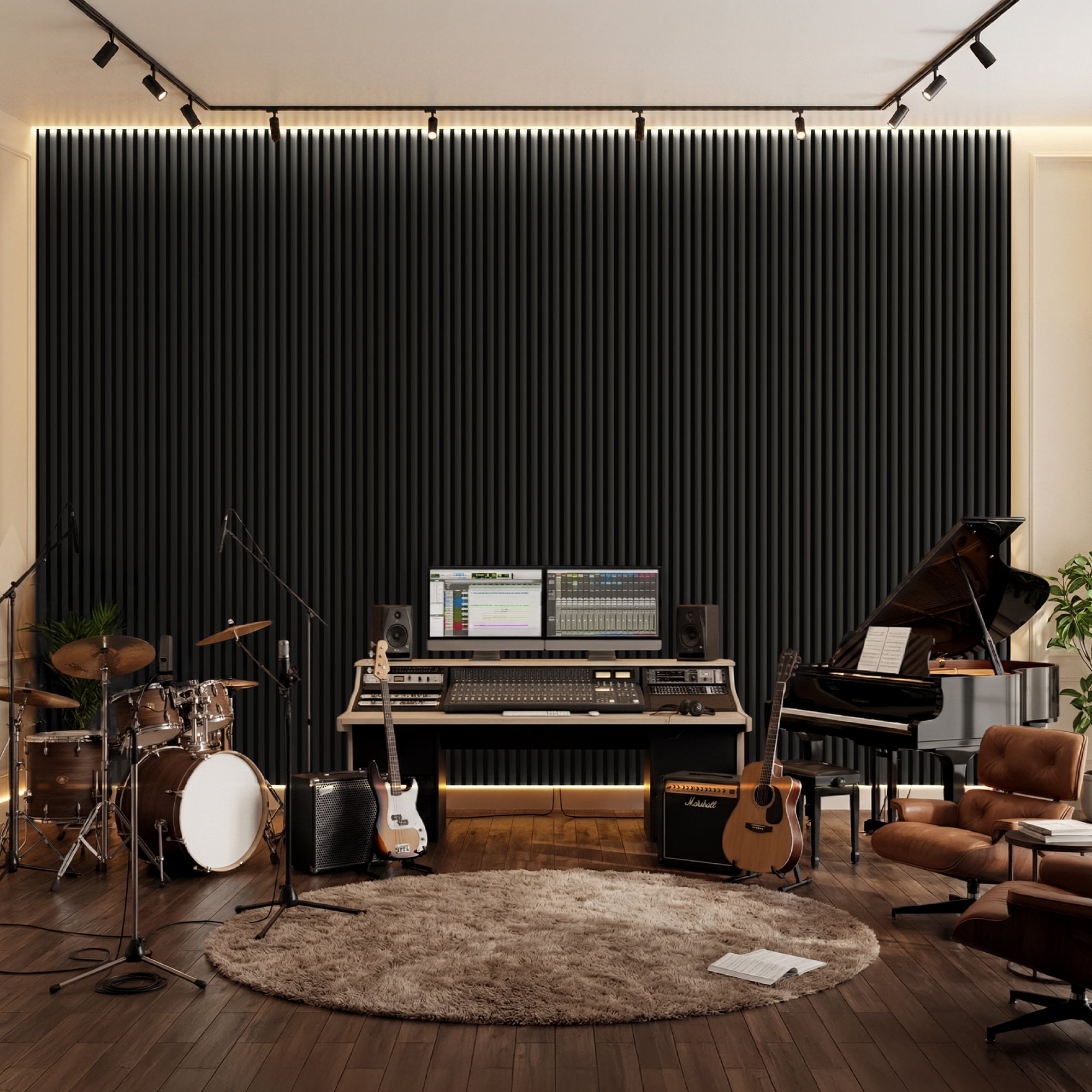 FRMALL Half-Round Acoustic Wood Slat Wall Panels, 4-Pack, 94" x 8" Soundproof 3D Decorative Wall Panels, Fluted Design, Black