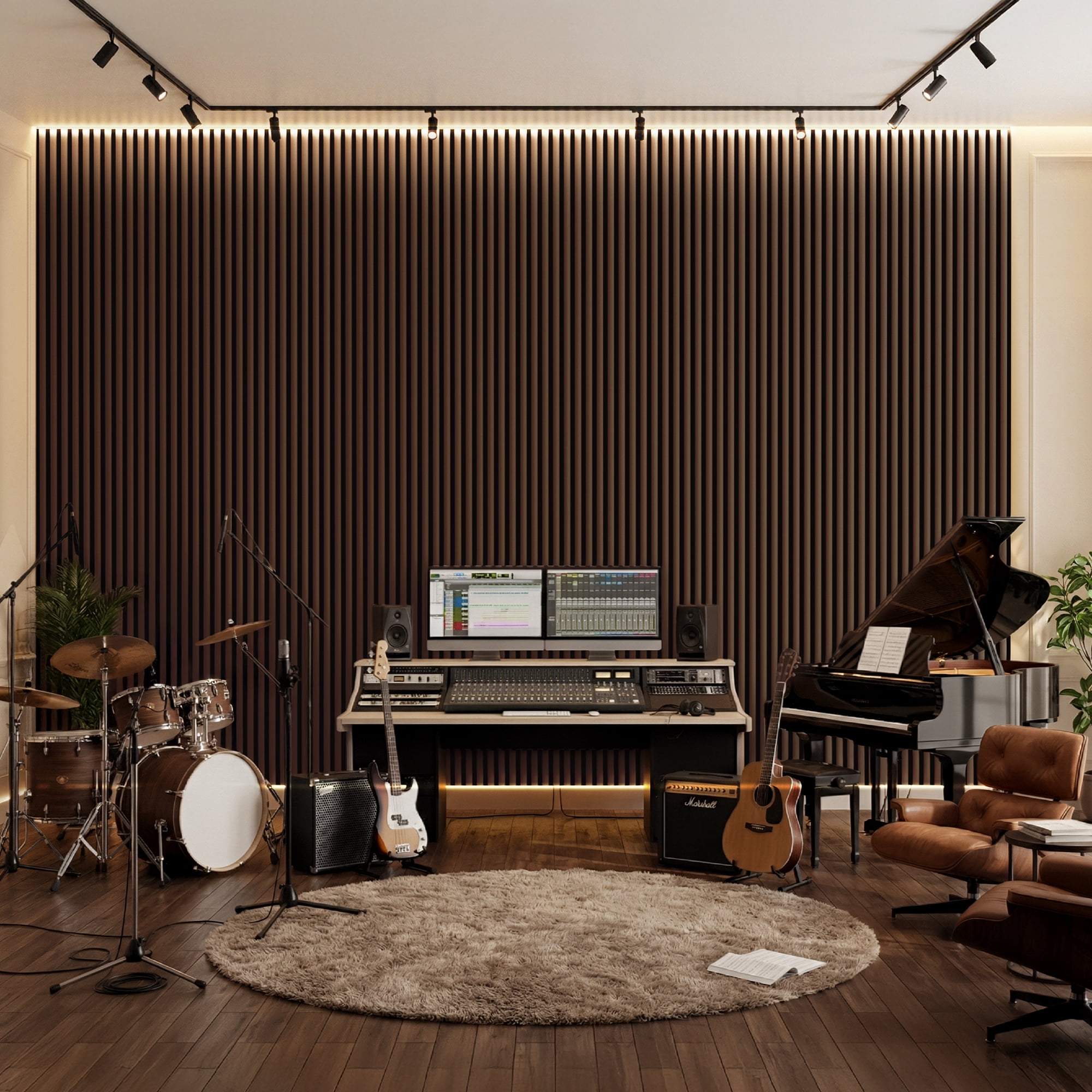 FRMALL Half-Round Acoustic Wood Slat Wall Panels, 4-Pack, 94" x 8" Soundproof 3D Decorative Wall Panels, Fluted Design, Walnut