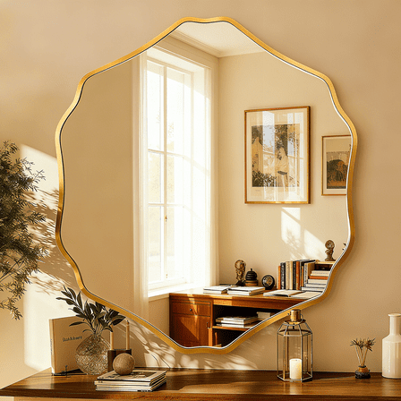 FRMALL Mandala Wall Mirror 28"x32", Modern Bathroom Mirrors Wall Mounted With Gold Metal Frame
