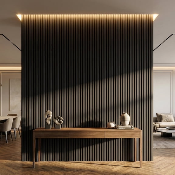 Fahomiss Modern Acoustic Wood Slat Wall Panels 4-Pack 47"x24", Black 3D Soundproof Decor