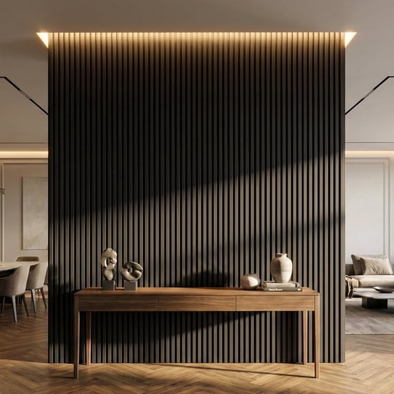 Fahomiss Modern Acoustic Wood Slat Wall Panels 4-Pack 47"x24", Black 3D Soundproof Decor