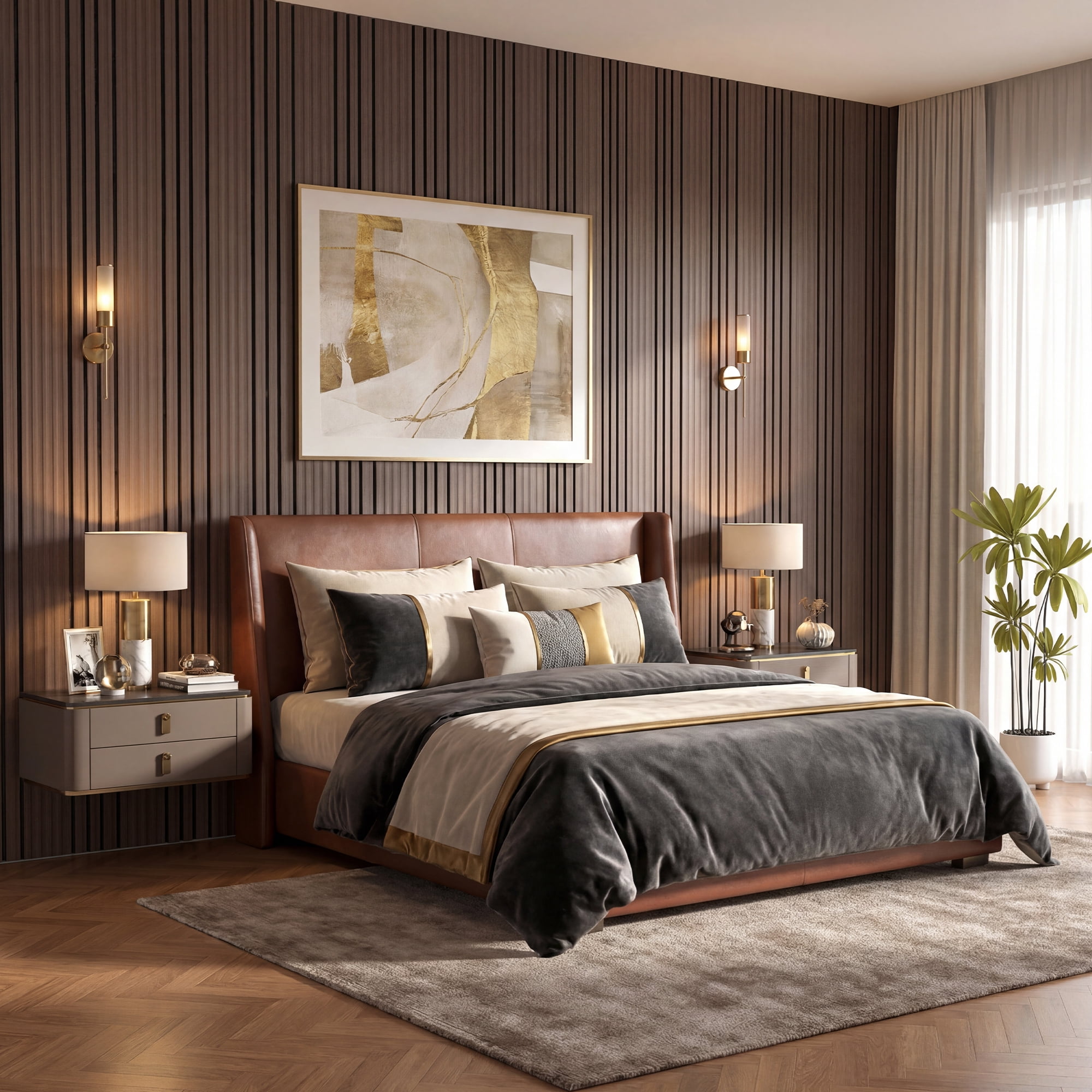 Fahomiss Modern Striped Acoustic Wood Slat Tiles 8-Pack 24"x24", 3D Soundproof Wall Panel, Walnut