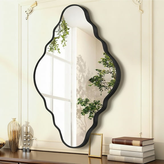 FRMALL Wavy Diamond Wall Mirror 20"x36", Modern Bathroom Mirrors Wall Mounted With Black Metal Frame